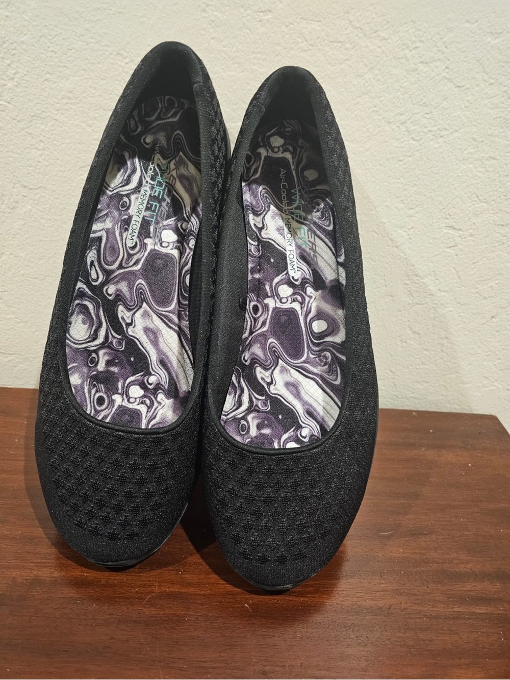 Skechers Wide Fit Black Knit Slip-On Ballet Flats with Patterned Insole